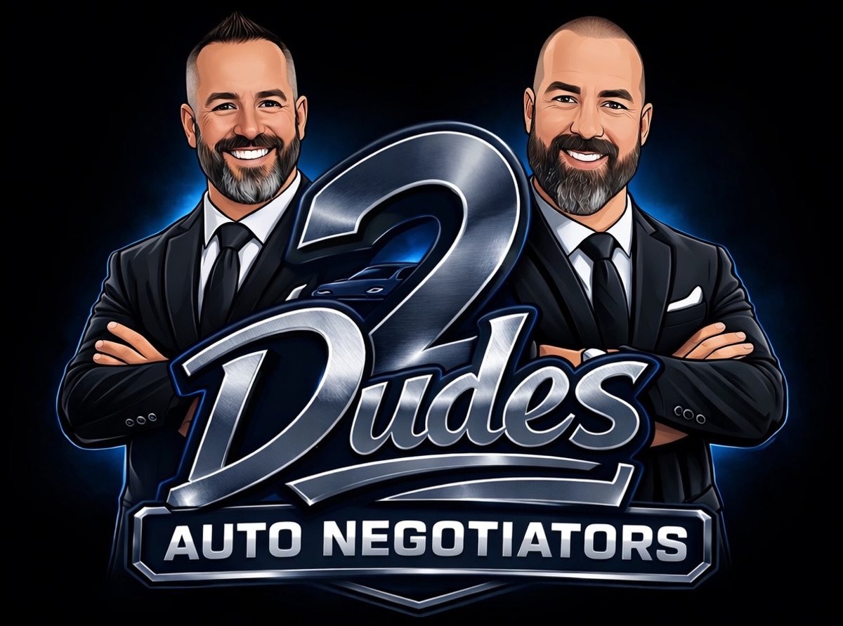 Logo depicting two smiling men in suits with arms crossed behind large metallic text '2 Dudes Auto Negotiators' on a dark background.