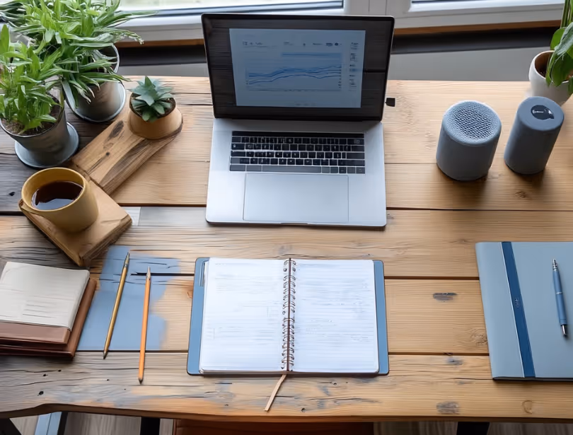 Organized wooden desk with an open laptop displaying graphs, two potted plants, a cup of coffee, an open notebook, pens, and a closed blue folder with a pen.