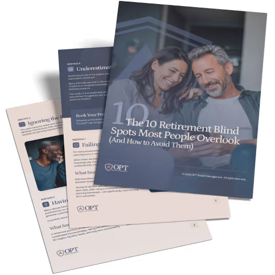 Three overlapping pages of a brochure titled 'The 10 Retirement Blind Spots Most People Overlook (And How to Avoid Them)' with a smiling couple on the cover.