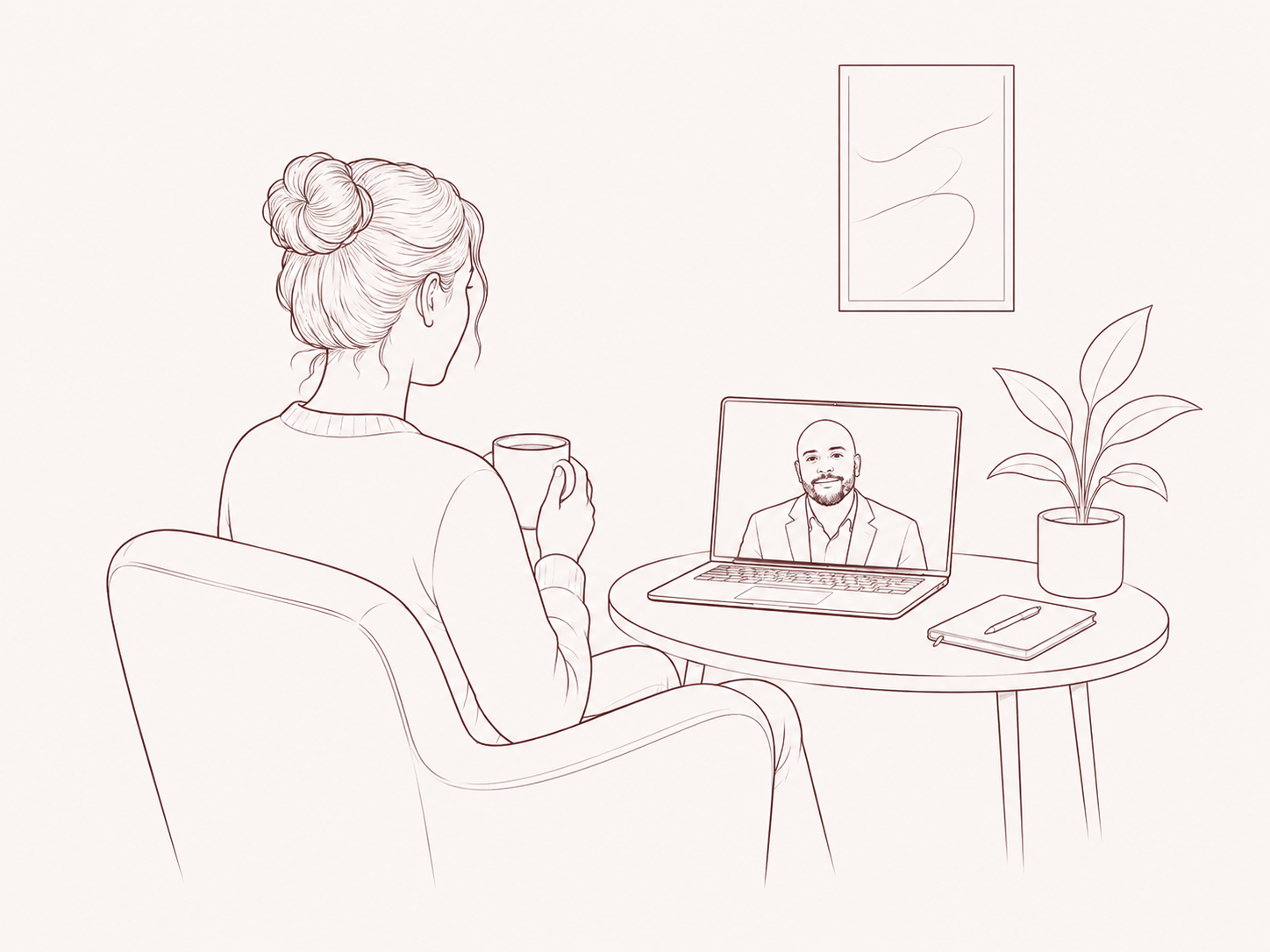 Illustration of an individual attending online therapy with Adam Lawrence-Rodriguez