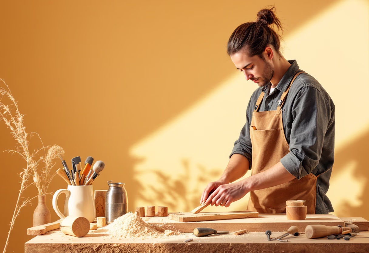high resolution 4k photo of an artisan crafting furniture with sustainable materials