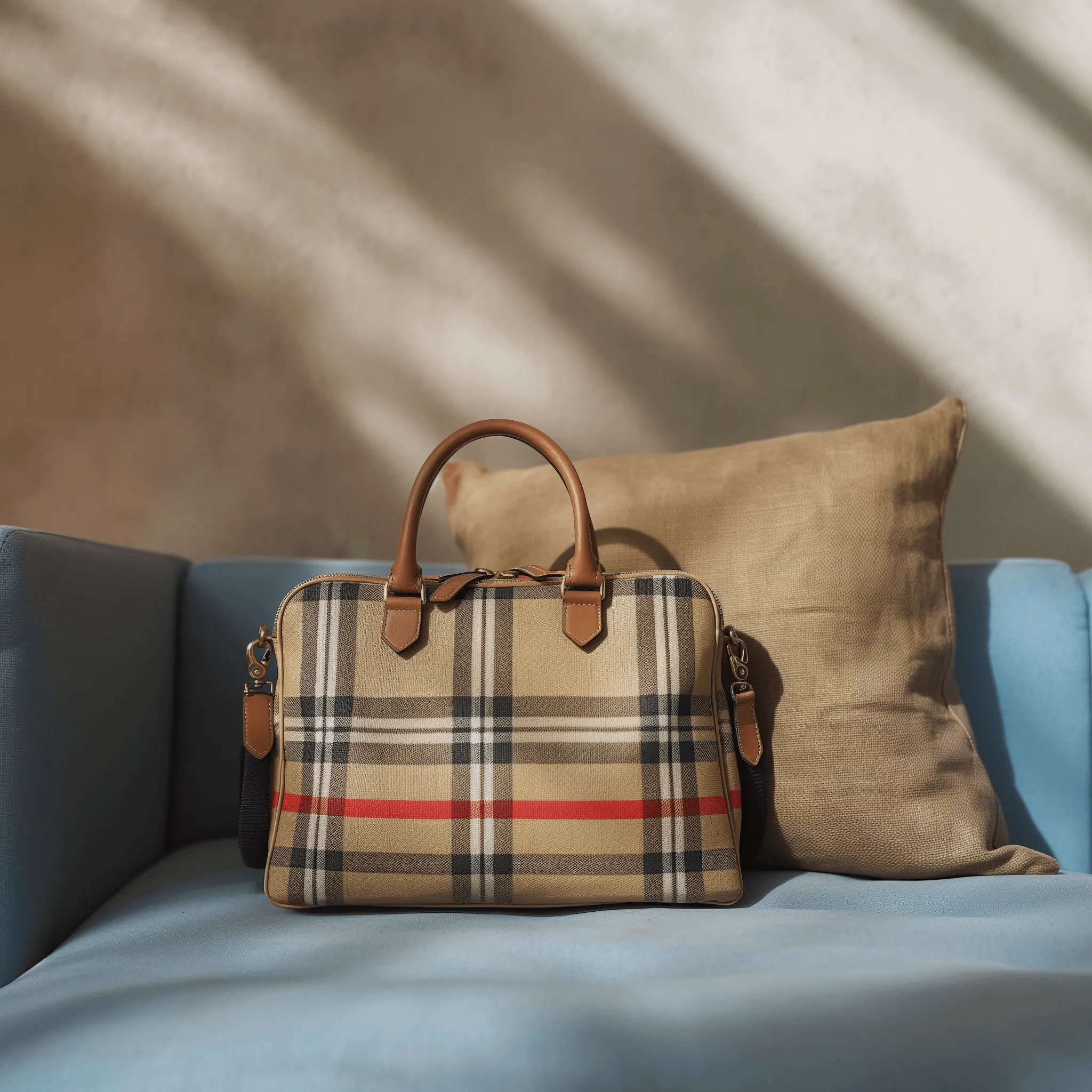 Sac à main à carreaux beige avec poignées en cuir posé sur un canapé bleu à côté d'un coussin marron.