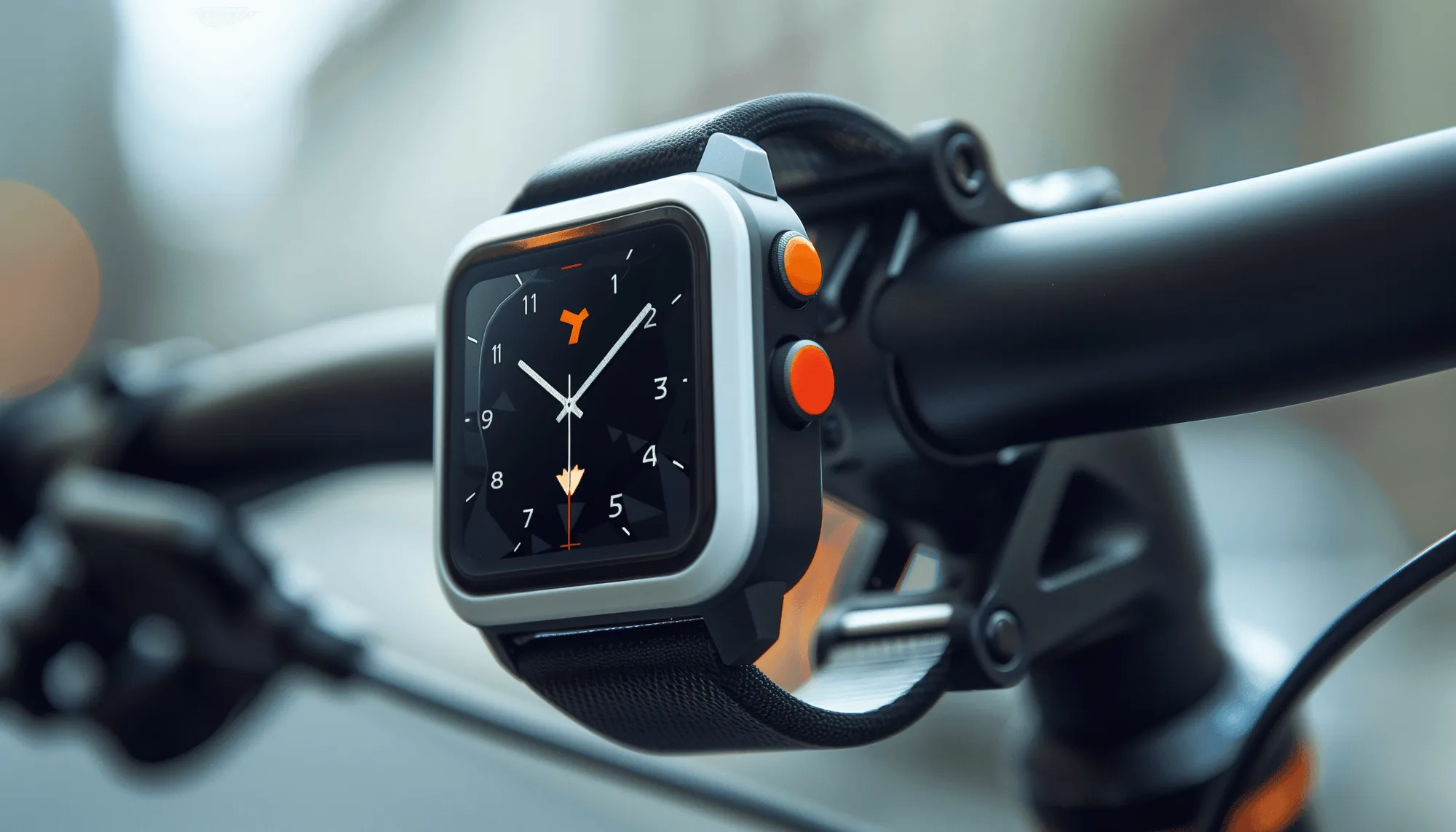 Montre connectée noire avec boutons orange fixée au guidon d'un vélo.