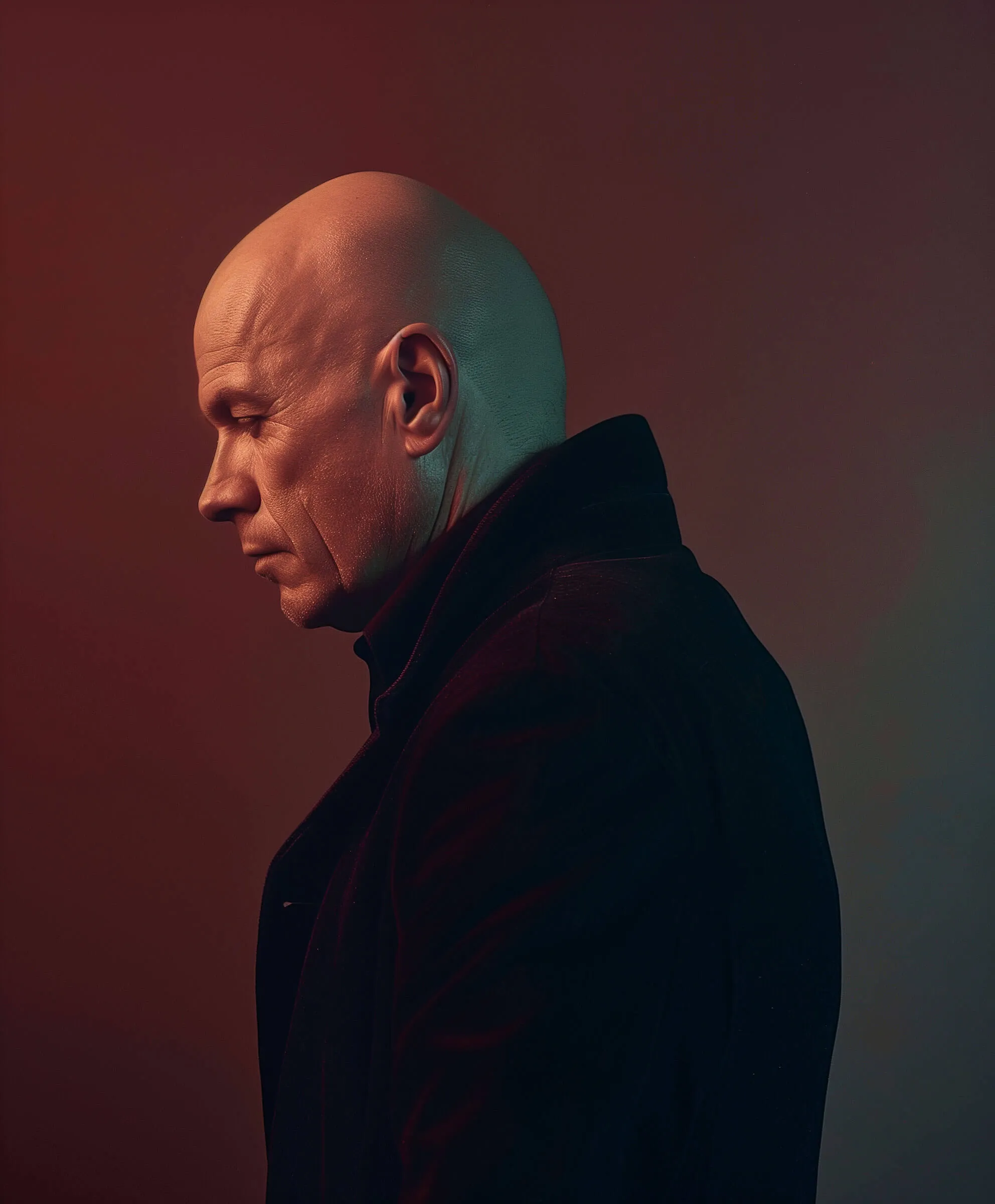 Homme chauve de profil portant un manteau sombre, regard baissé avec une expression sérieuse.
