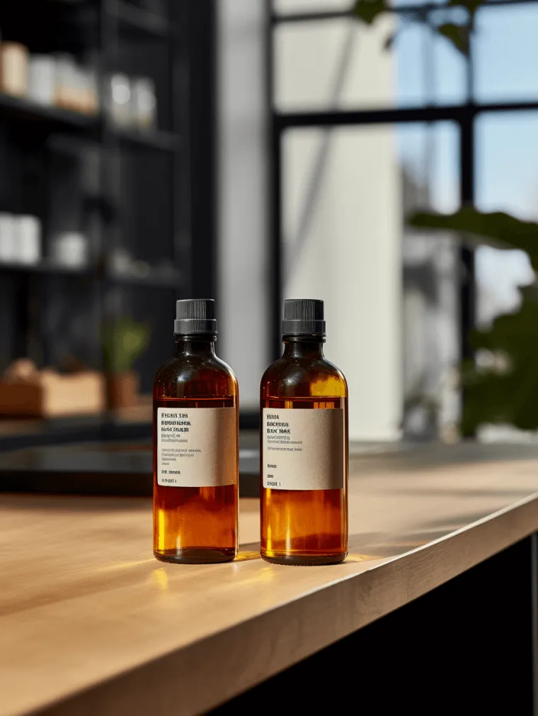Deux bouteilles en verre ambré avec bouchons noirs sur un plan de travail en bois.