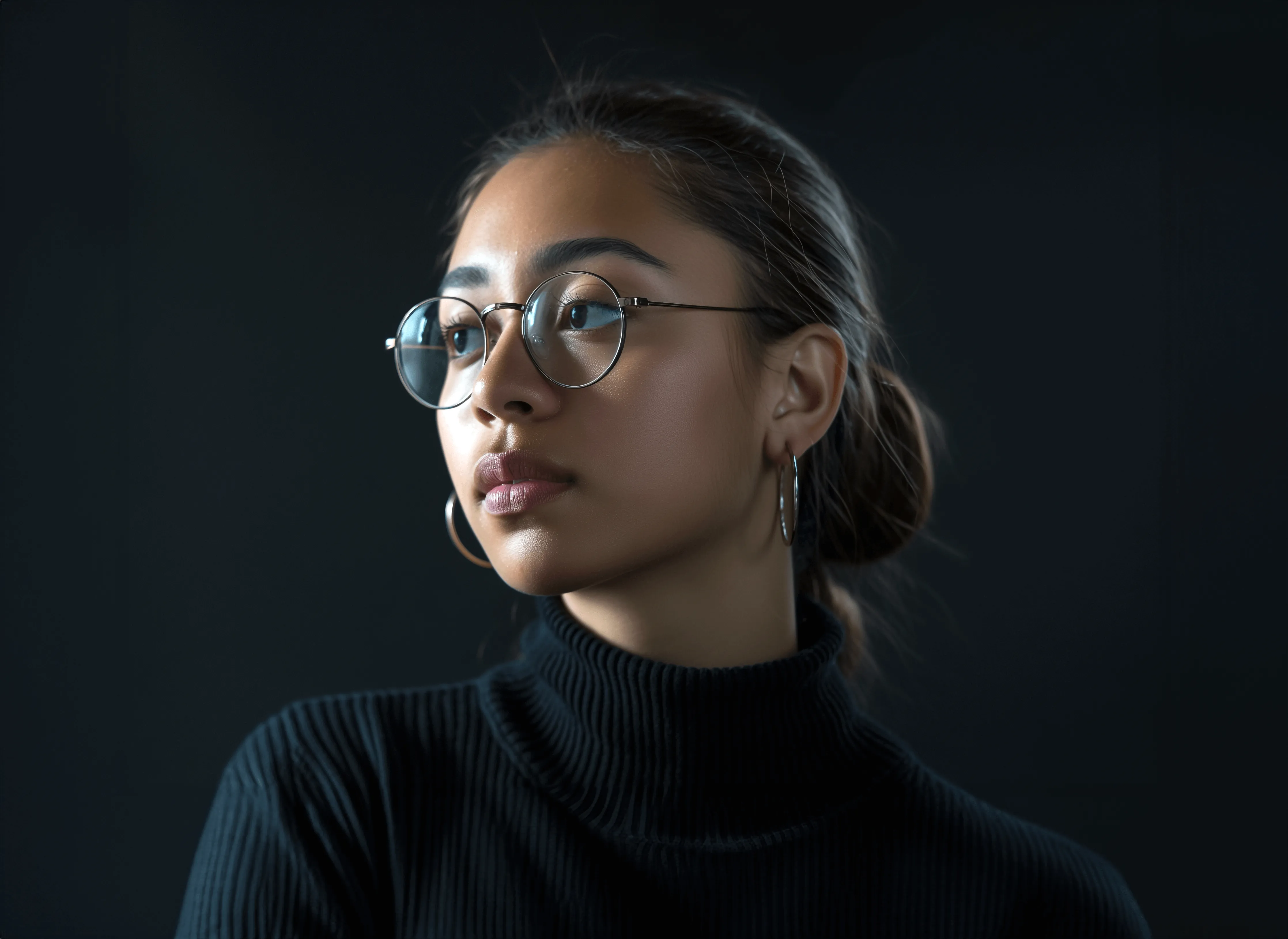 Portrait d'une femme portant un col roulé noir, lunettes rondes et boucles d'oreilles argentées.
