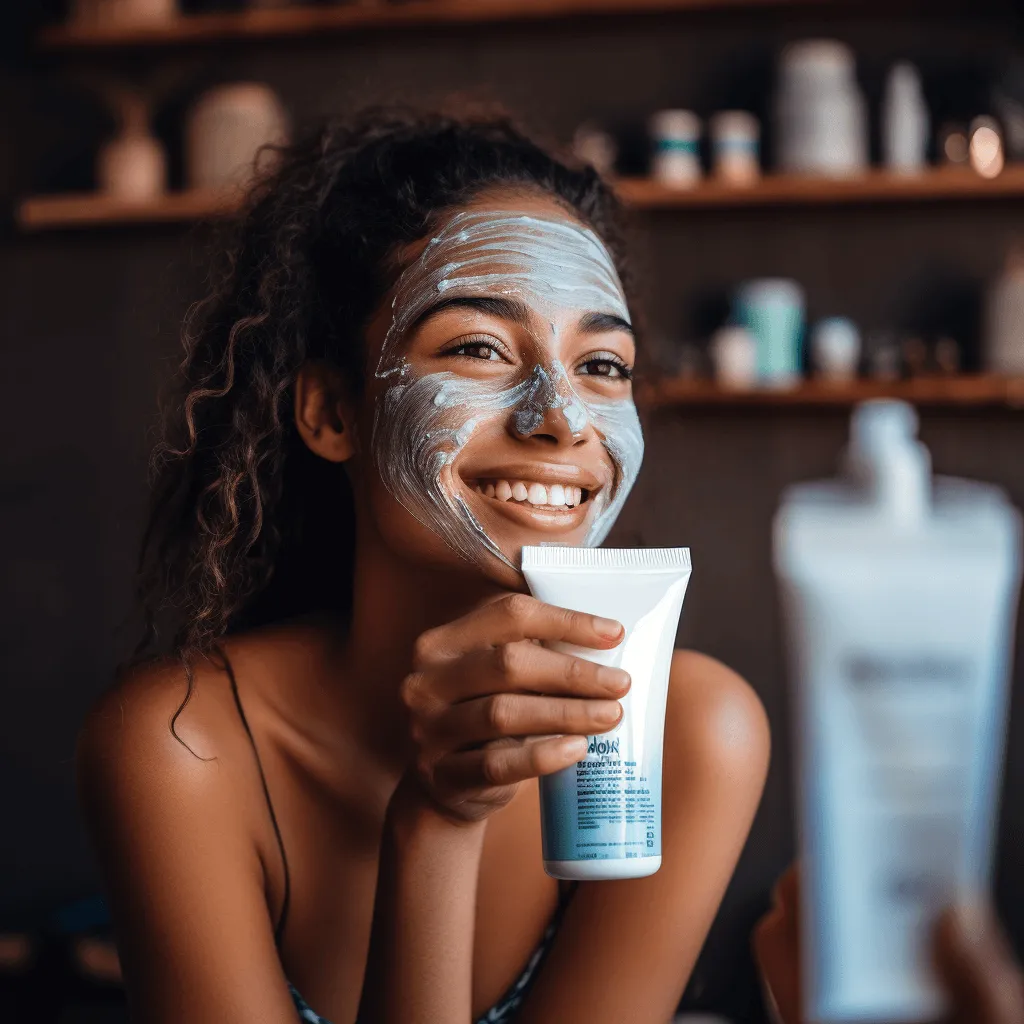 Jeune femme souriante avec un masque facial tenant un tube de produit de soin de la peau.
