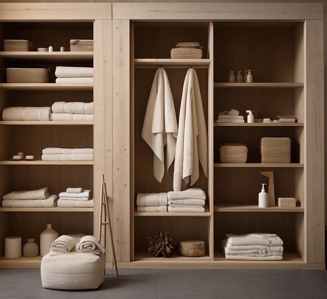 Armoire en bois avec étagères et serviettes blanches pliées et suspendues, accessoires de salle de bain.