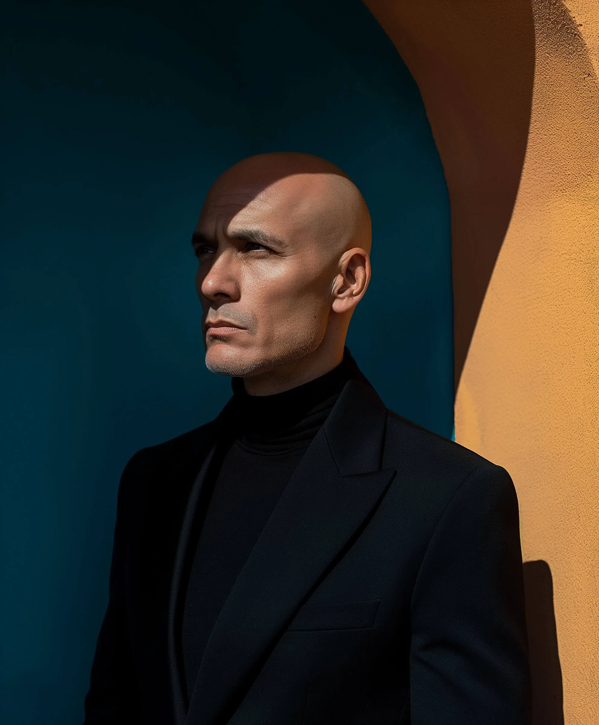 Portrait d'un homme chauve vêtu d'un costume noir, regardant vers la gauche avec un mur bleu et orange en arrière-plan.