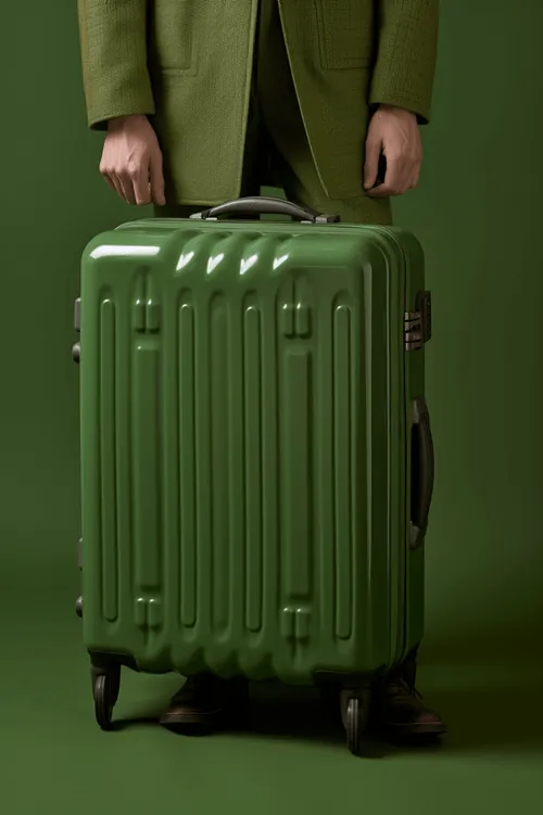 Person en manteau vert tenant une grande valise rigide verte sur fond vert.