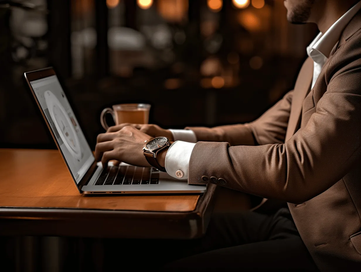 Homme en veste marron tapant sur un ordinateur portable avec une tasse sur la table en bois.