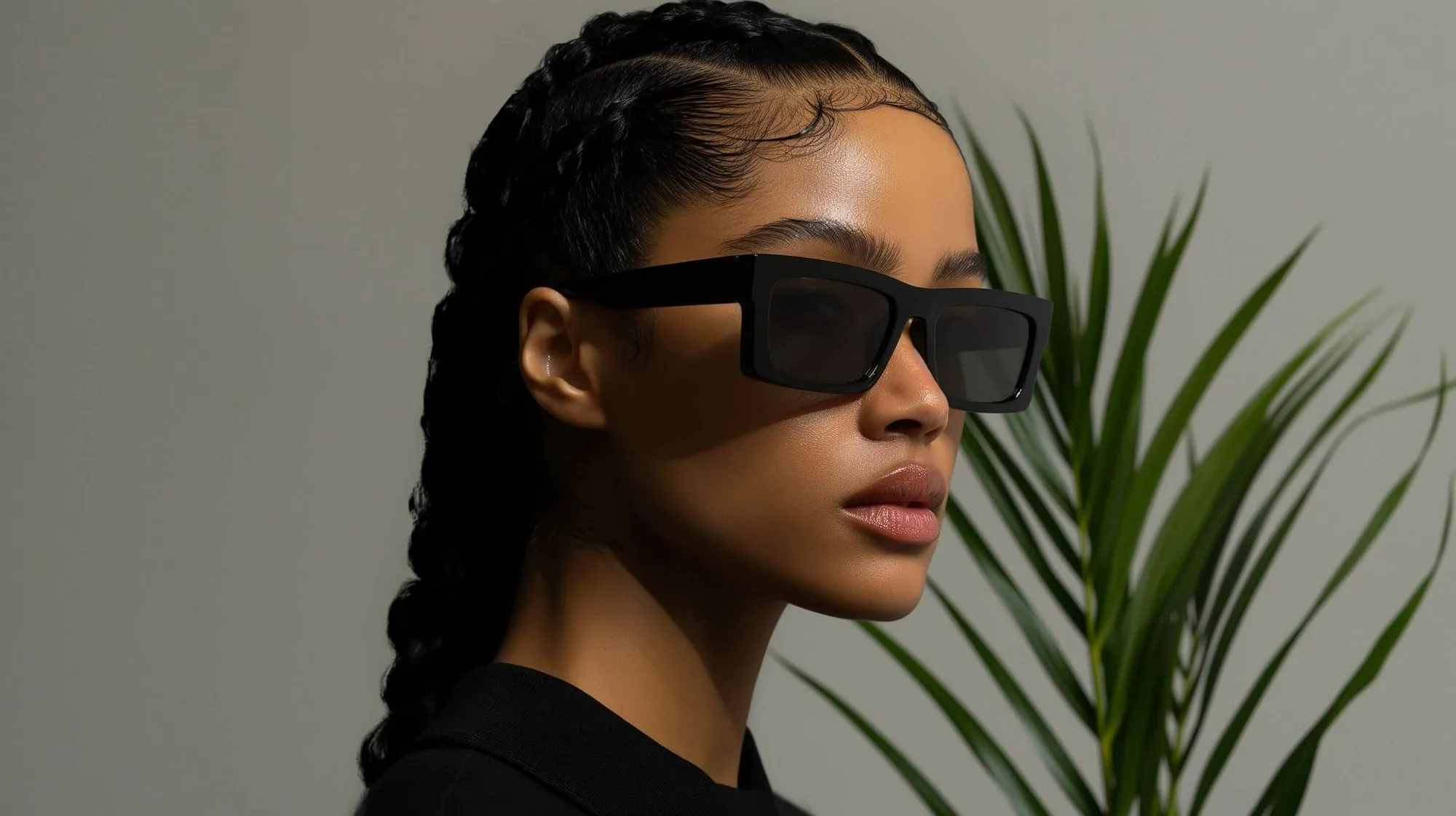 Portrait d'une femme aux cheveux tressés portant de grandes lunettes noires avec une plante verte en arrière-plan.