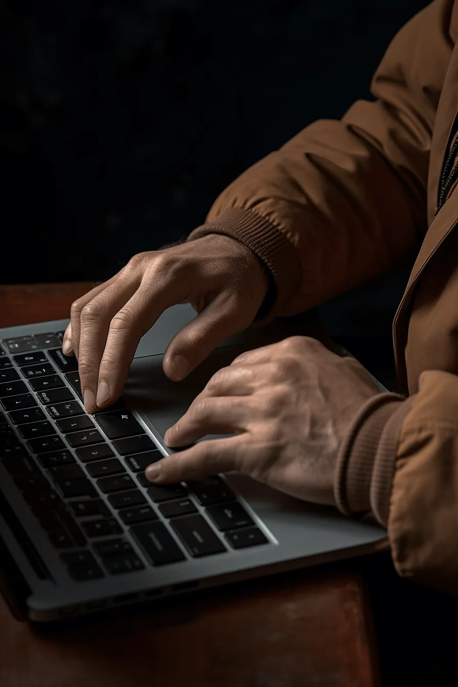 Mains d'une personne en veste marron tapant sur un clavier d'ordinateur portable.