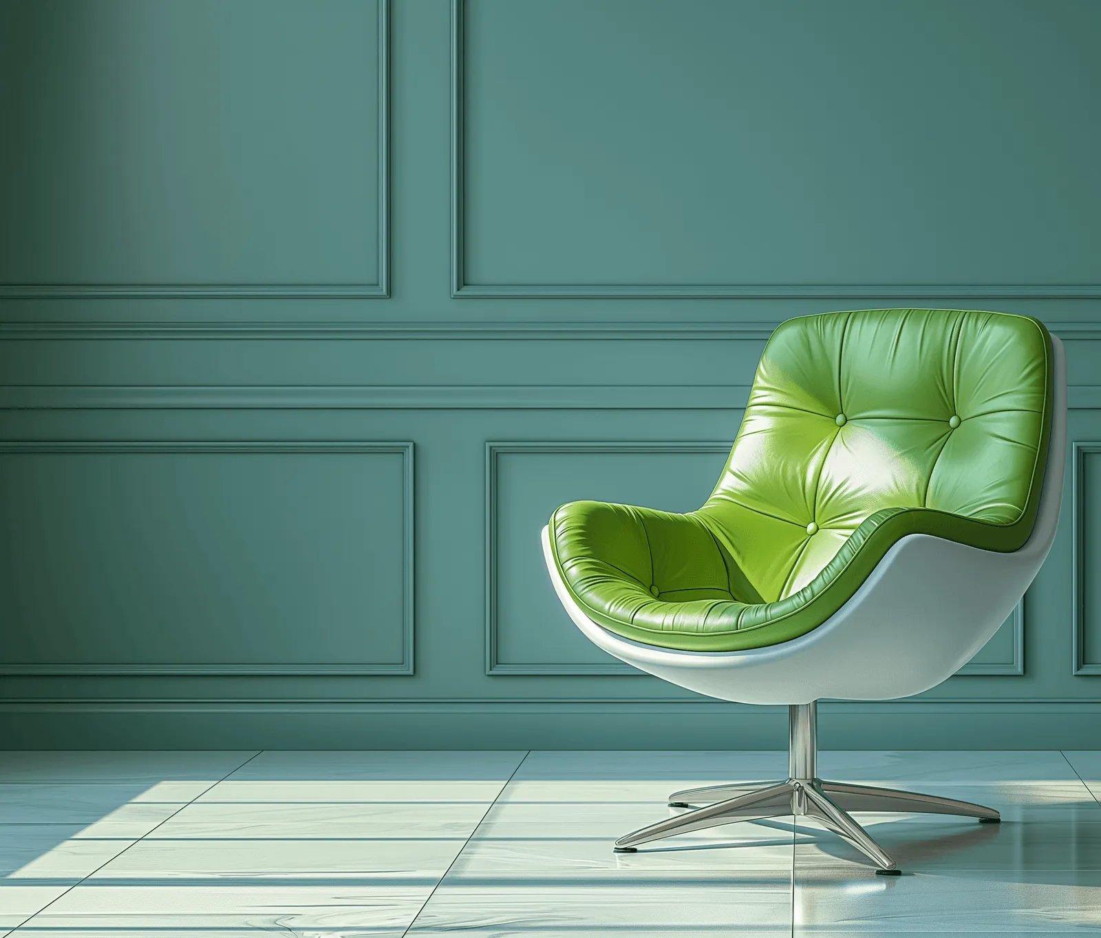 Fauteuil moderne vert avec base métallique dans une pièce à murs moulurés verts et sol carrelé.