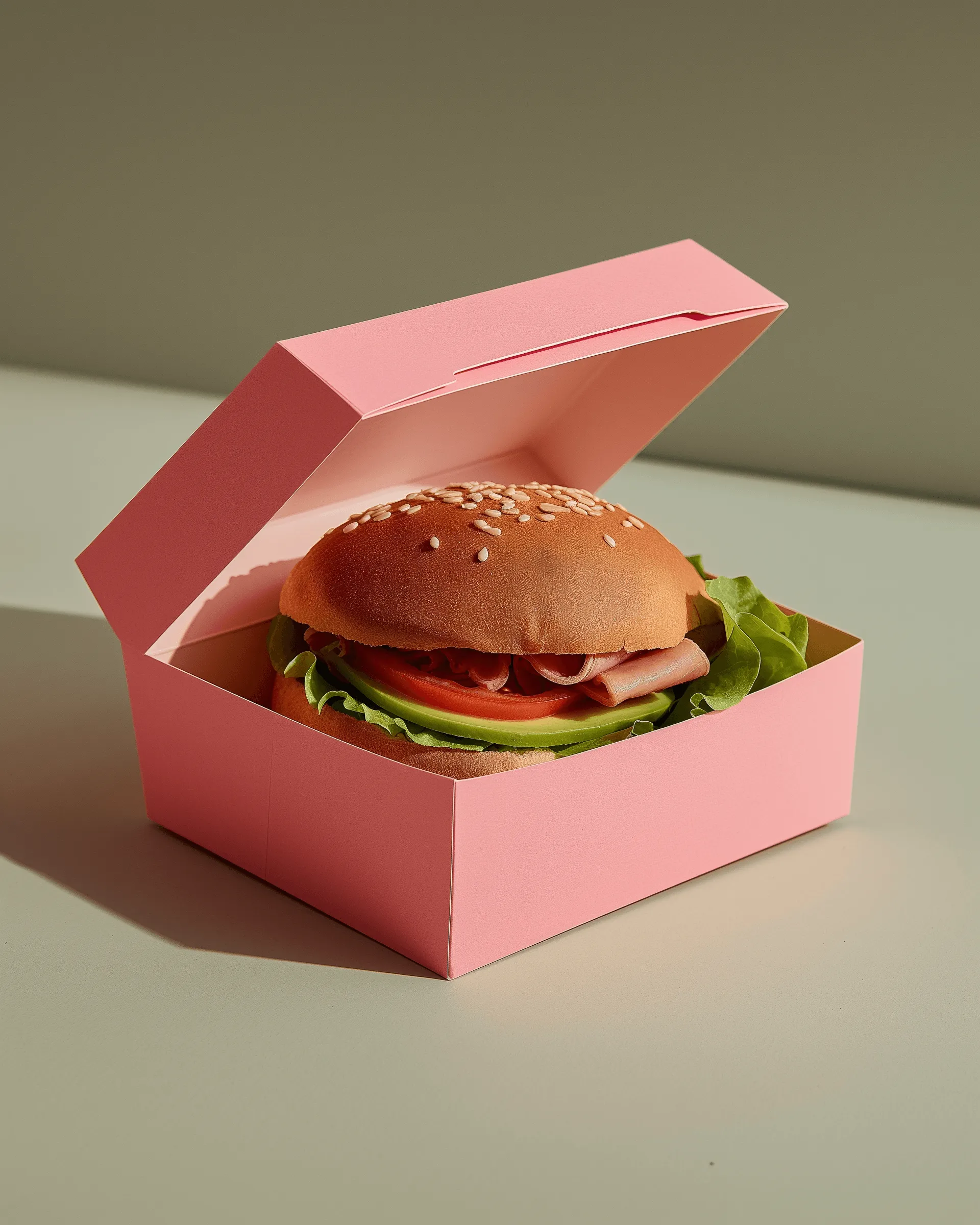 Hamburger with lettuce, tomato, and ham in a pink takeaway box on a light surface.