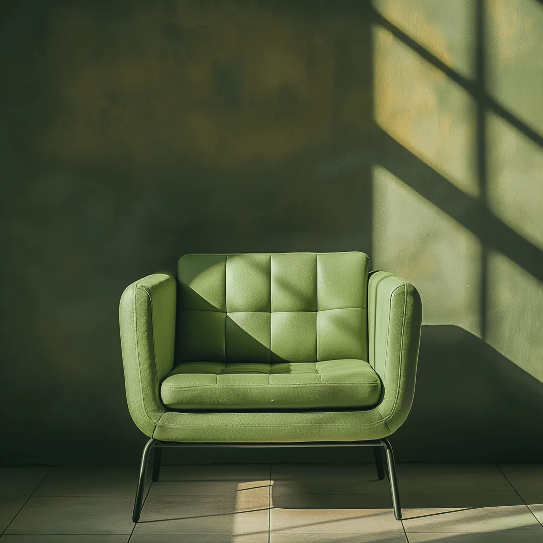 Fauteuil vert avec lumière du soleil et ombres sur le mur vert derrière.