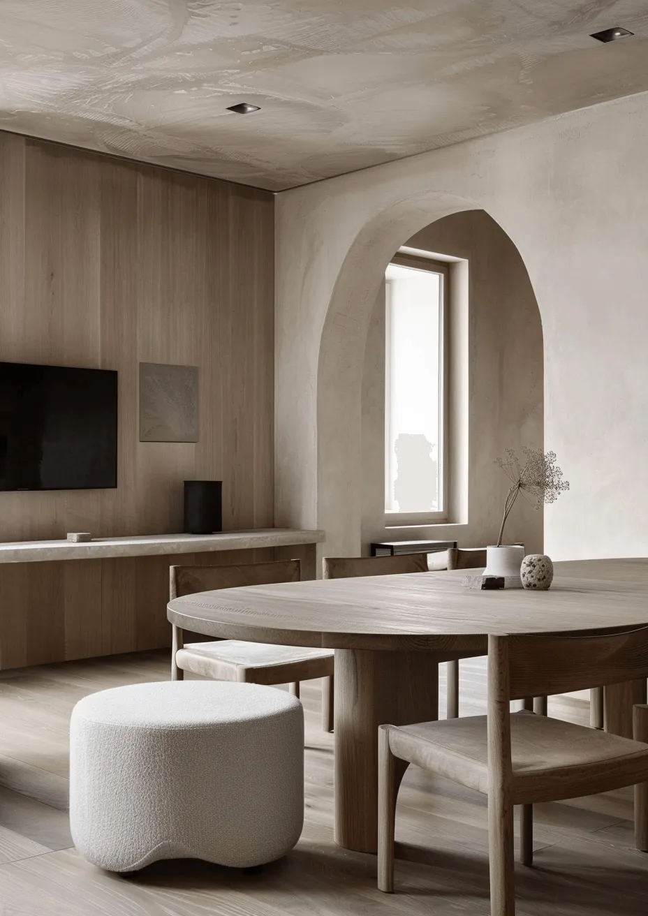 Salle à manger minimaliste avec table en bois, chaises, pouf blanc et fenêtre en arche.