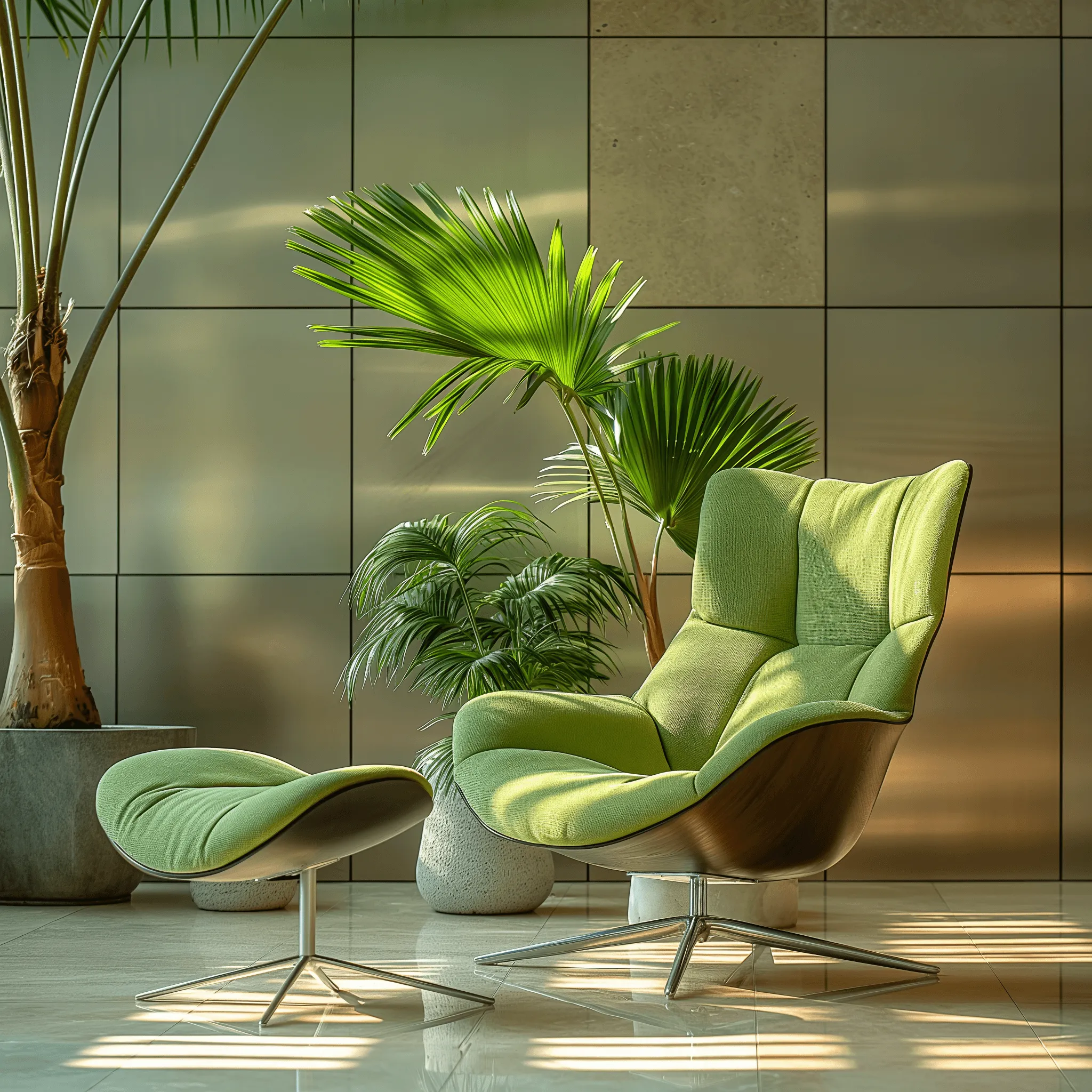 Fauteuil vert moderne avec repose-pieds et plantes vertes dans un espace lumineux et élégant.