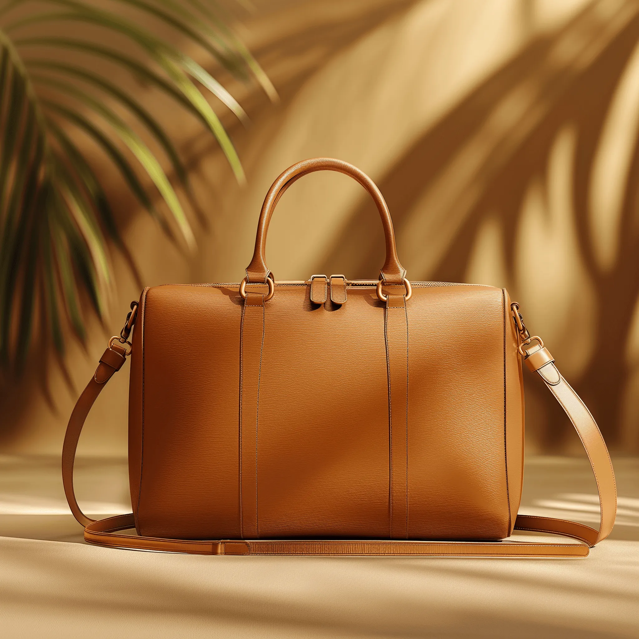 Sac de voyage en cuir marron clair avec poignées et bandoulière, sur fond beige avec ombres de feuilles.