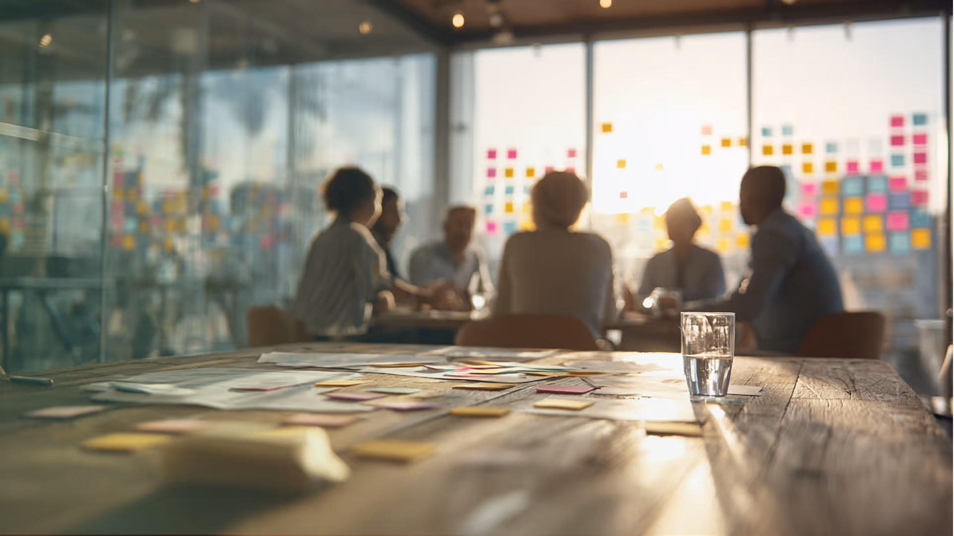 Un groupe de personnes discutant autour d'une table avec des post-its colorés et un verre d'eau.