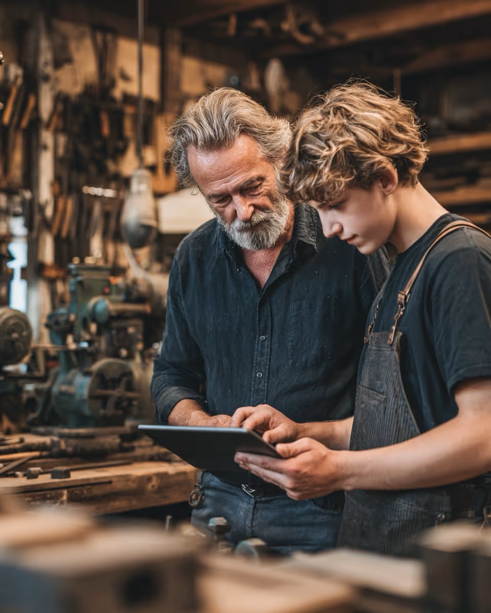 Un homme plus âgé montre une tablette à un jeune homme dans un atelier de travail du bois.