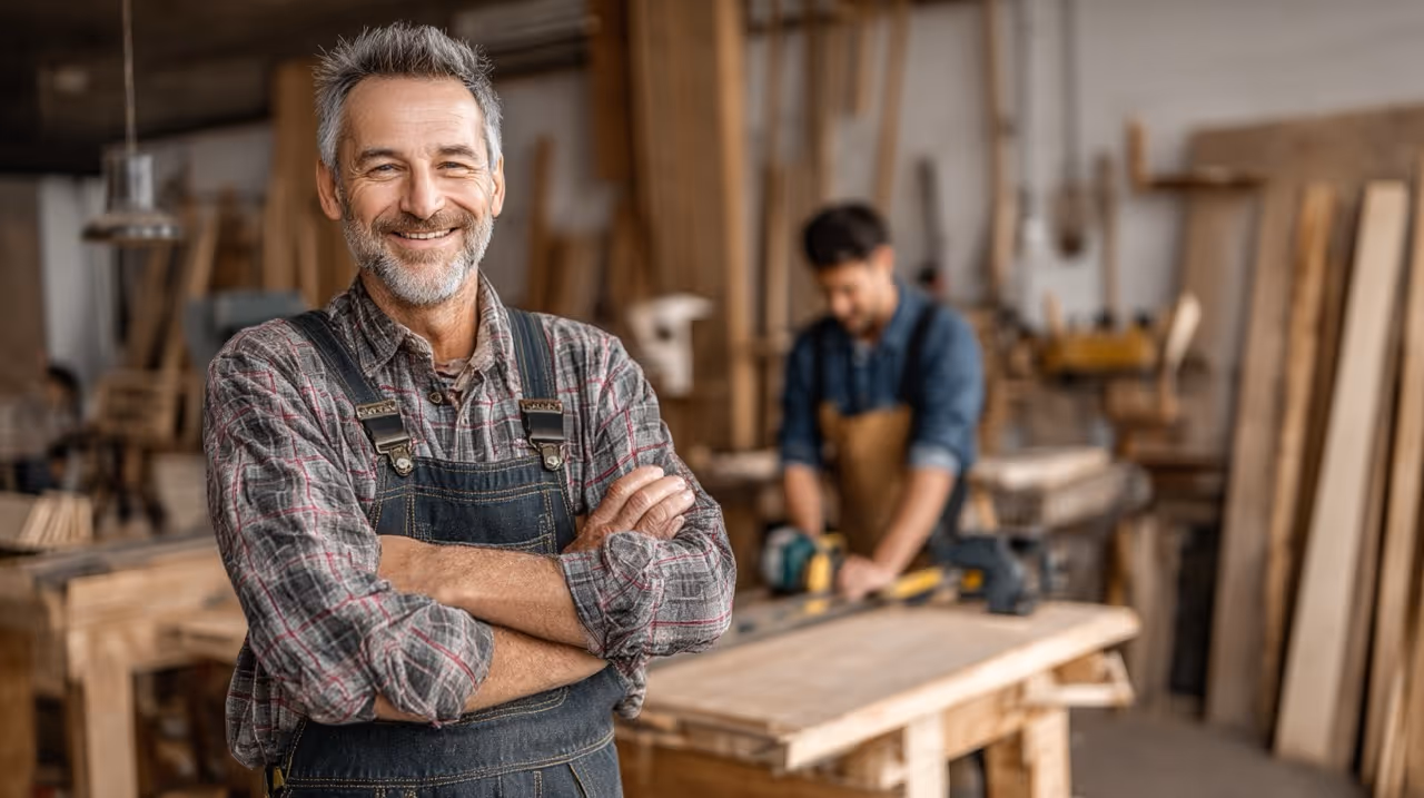 Homme souriant bras croisés dans un atelier de menuiserie avec un collègue travaillant en arrière-plan.