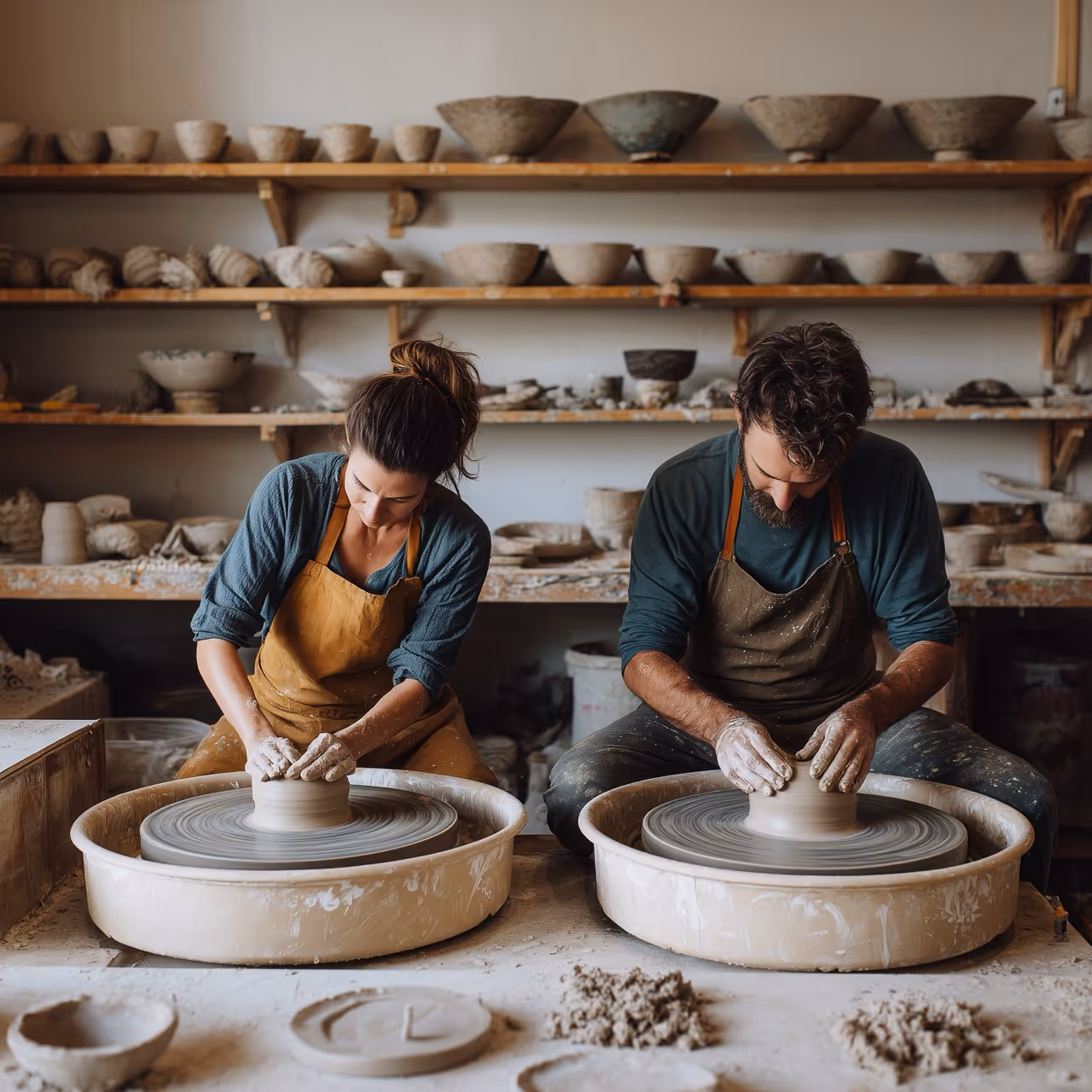 Un homme et une femme façonnent de la poterie au tour dans un atelier avec des bols en argile sur des étagères.