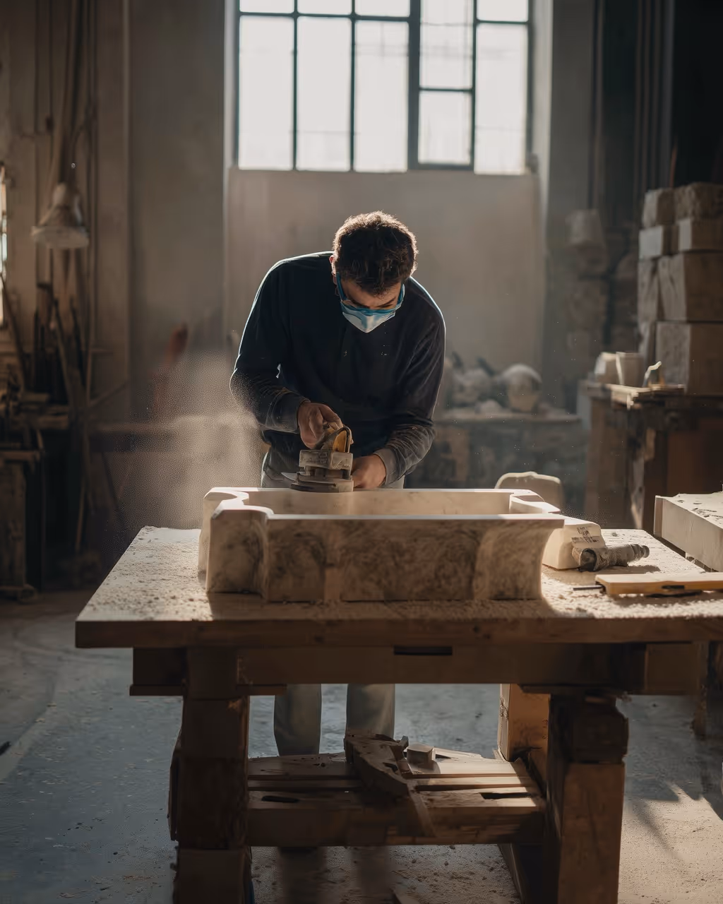 Un artisan portant un masque ponce une pièce en pierre dans un atelier lumineux avec une grande fenêtre.