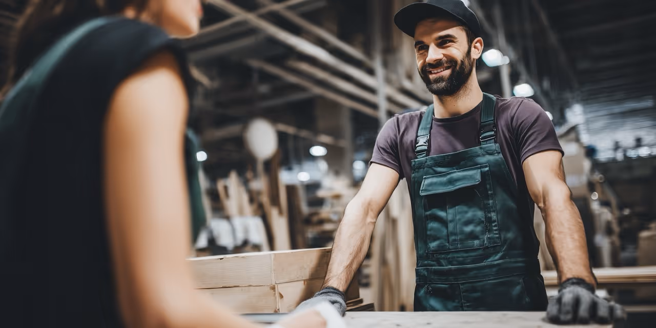 Un homme souriant en salopette discute avec une femme dans un atelier de menuiserie.