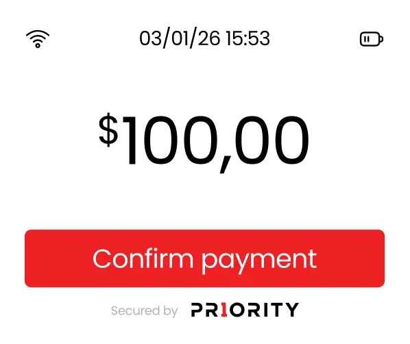 Payment screen showing $100.00 amount with a red 'Confirm payment' button and 'Secured by PRIORITY' text below.