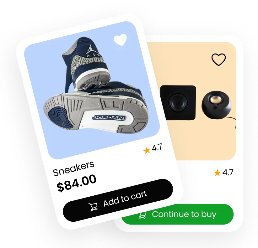 E-commerce cards showing blue and gray Jordan sneakers priced at $84 with a 4.7-star rating, and black audio speakers with a 4.7-star rating.