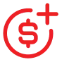 Red circular icon with a dollar symbol inside and a plus sign on the upper right.