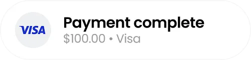 Visa logo with payment complete message and amount $100.00.