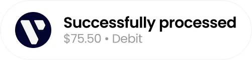 Notification showing a successful debit transaction of $75.50 with a blue and white logo.