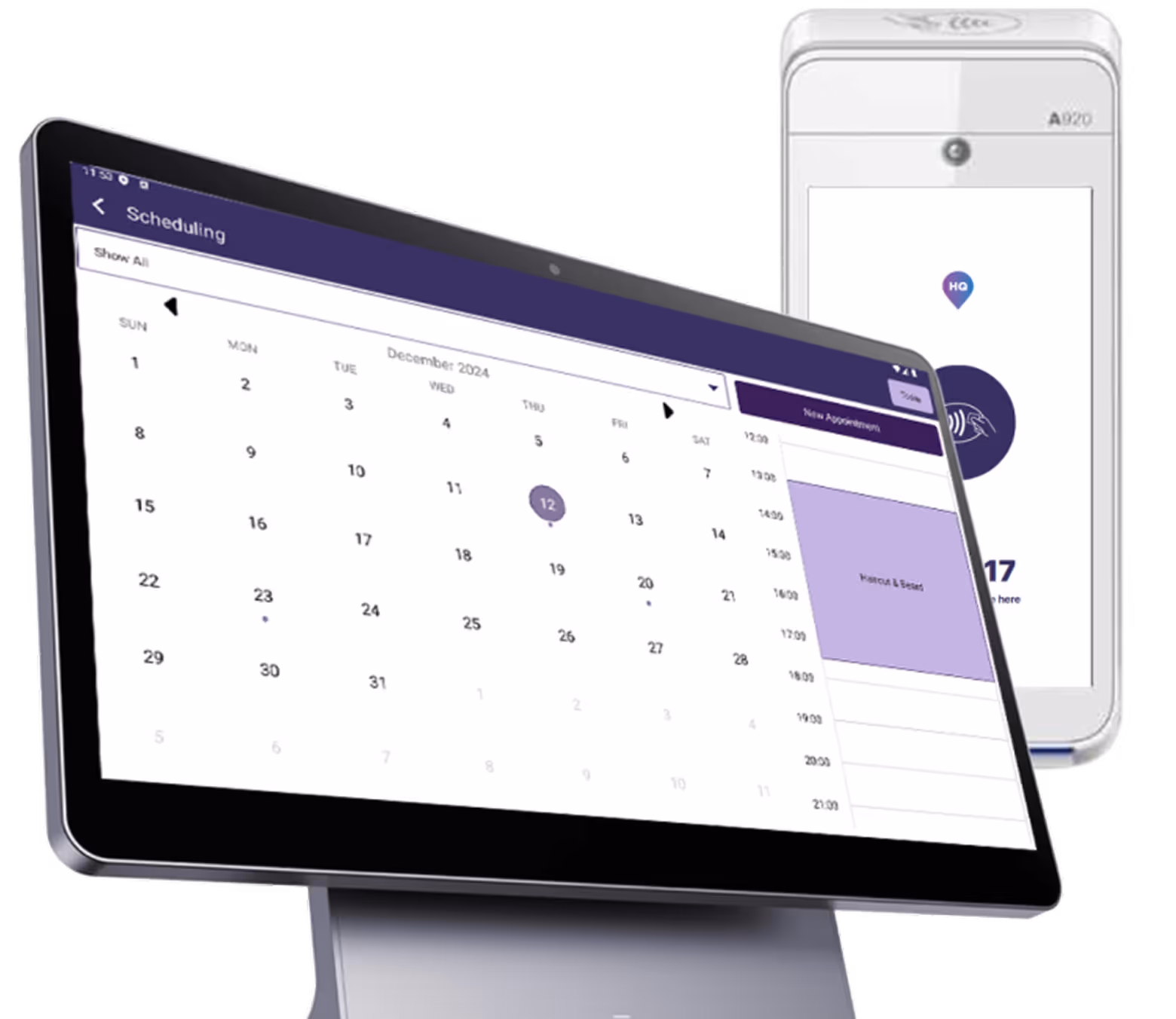 Desktop screen displaying a December 2024 calendar with a scheduled appointment for haircut and beard on the 12th, alongside a smartphone showing a contactless payment icon.