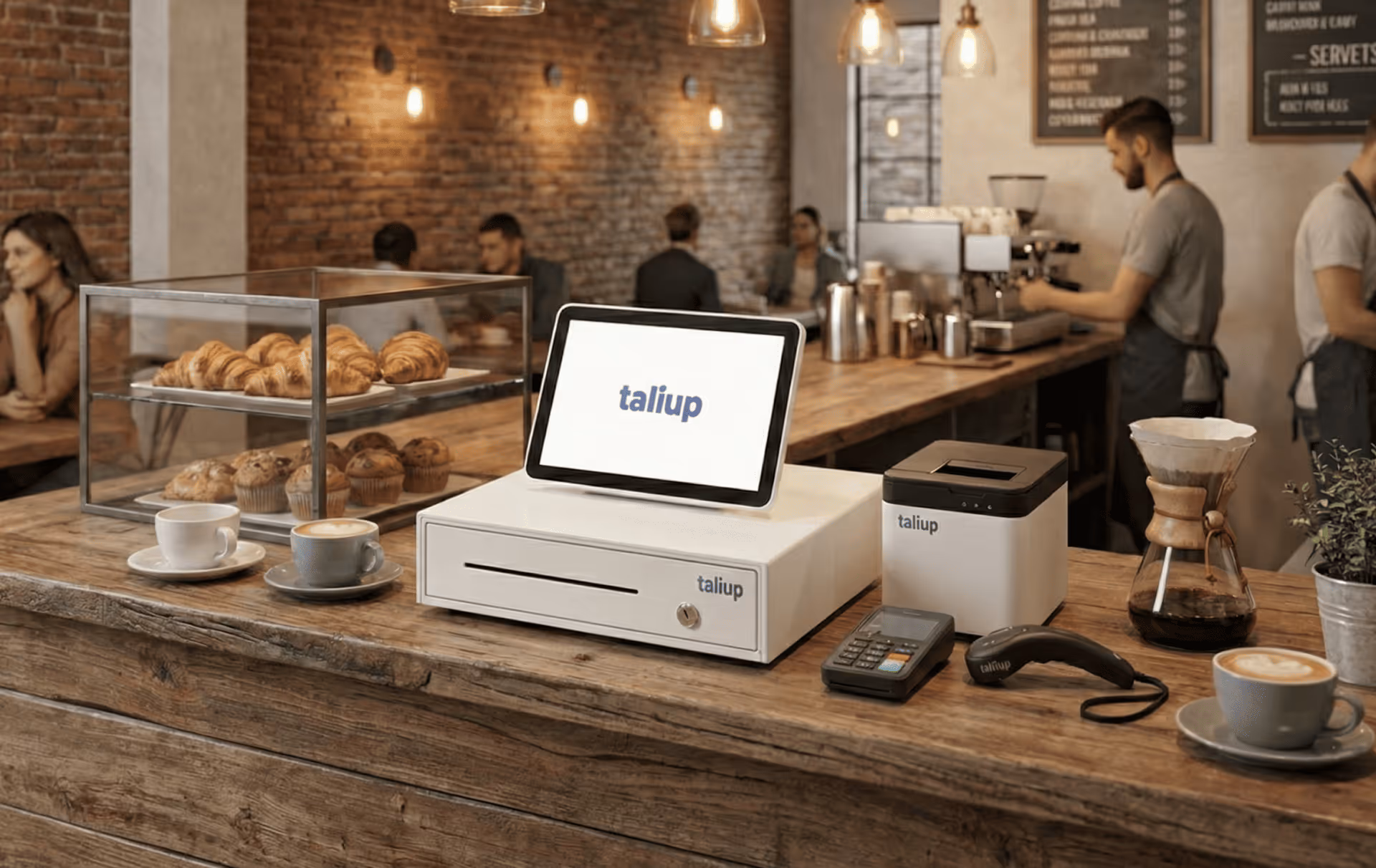 Modern cafe counter with pastries, coffee cups, and Taliup-branded point-of-sale system including a tablet, cash drawer, receipt printer, and card reader.