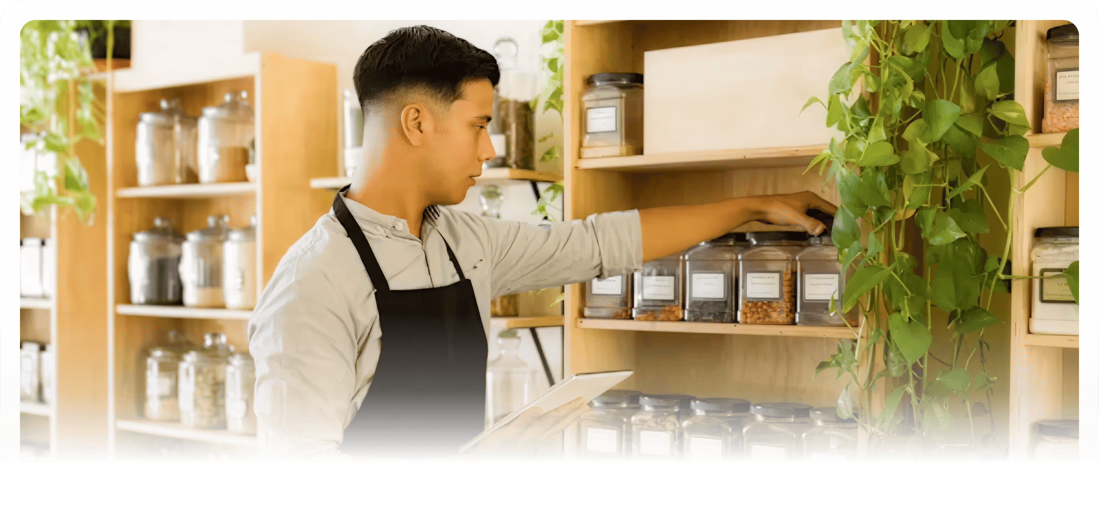 Young man in apron selecting a glass jar from wooden shelves filled with labeled containers and holding a tablet in his other hand.