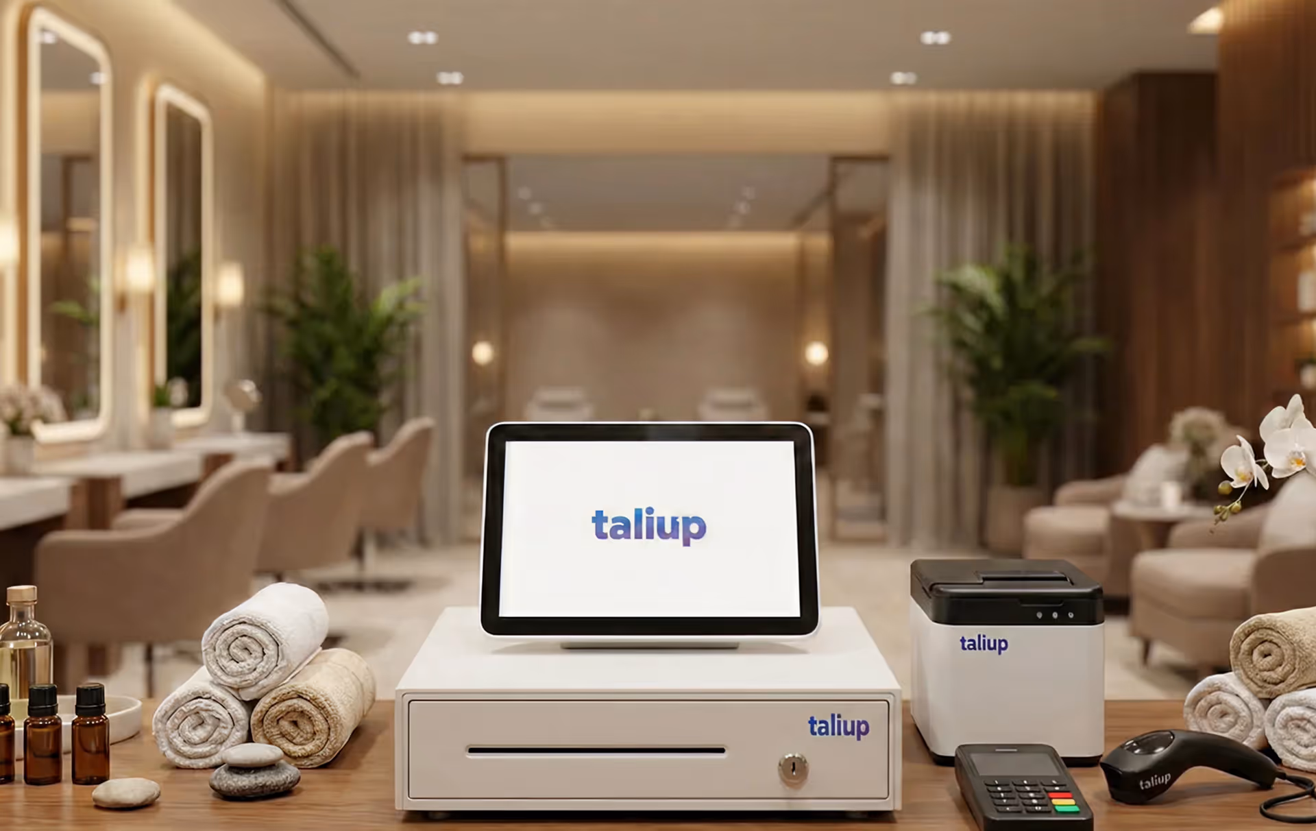Modern spa reception area with a POS system displaying 'taliup' on screen, surrounded by rolled towels, essential oils, and payment devices.