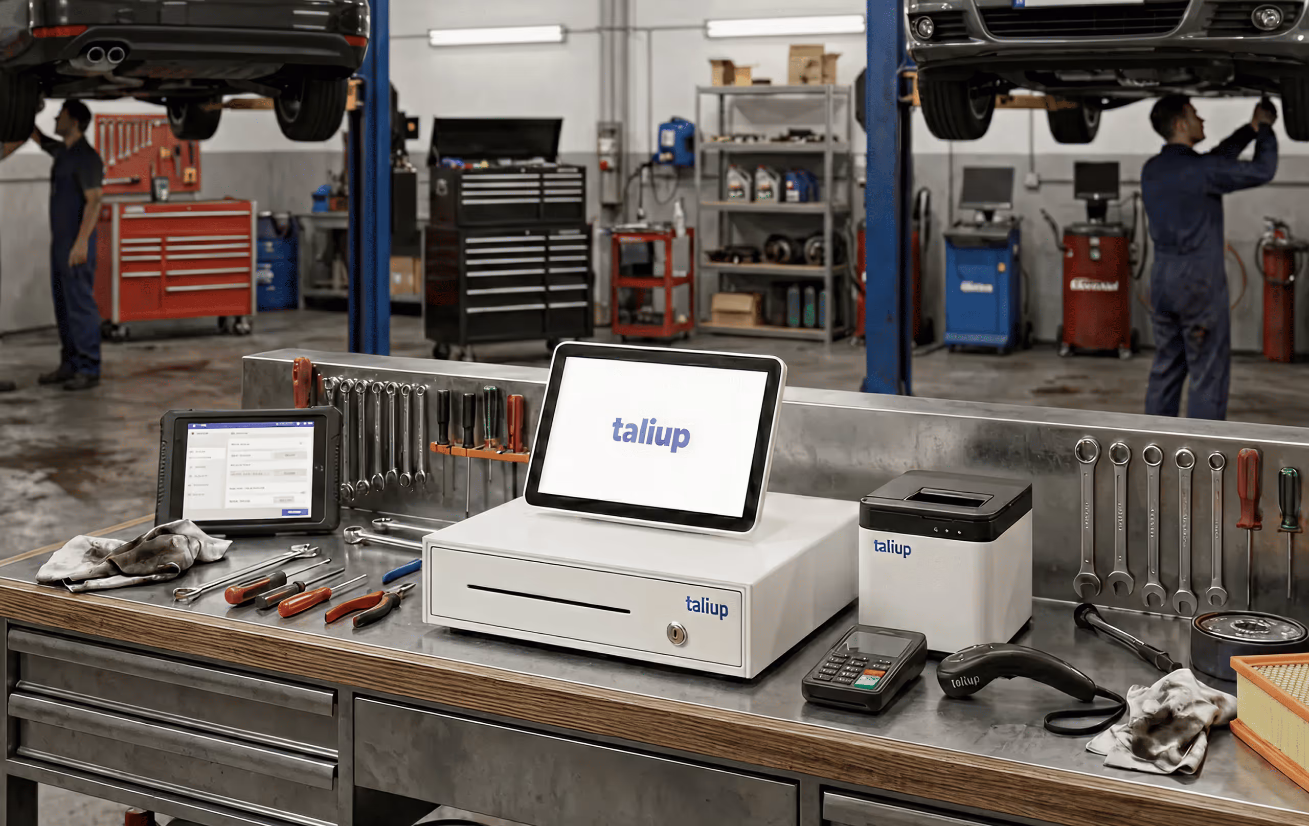Auto repair shop workstation with tools, a tablet displaying a payment system, and a cash register labeled 'taliup'.