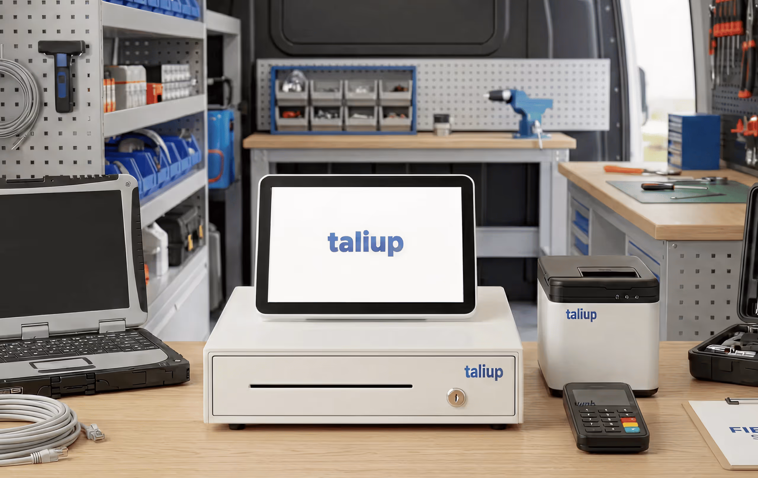 Point of sale system with a touchscreen tablet, cash drawer, receipt printer, and card reader on a wooden desk in a workshop van.
