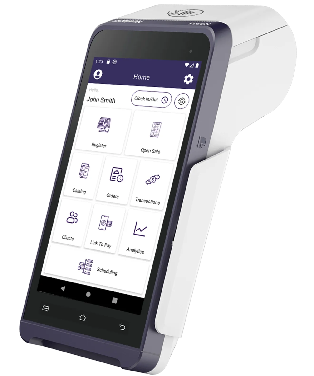 Handheld point-of-sale terminal device with a touchscreen showing a user interface featuring options like Register, Open Sale, Catalog, Orders, Transactions, Clients, Link To Pay, Analytics, and Scheduling.