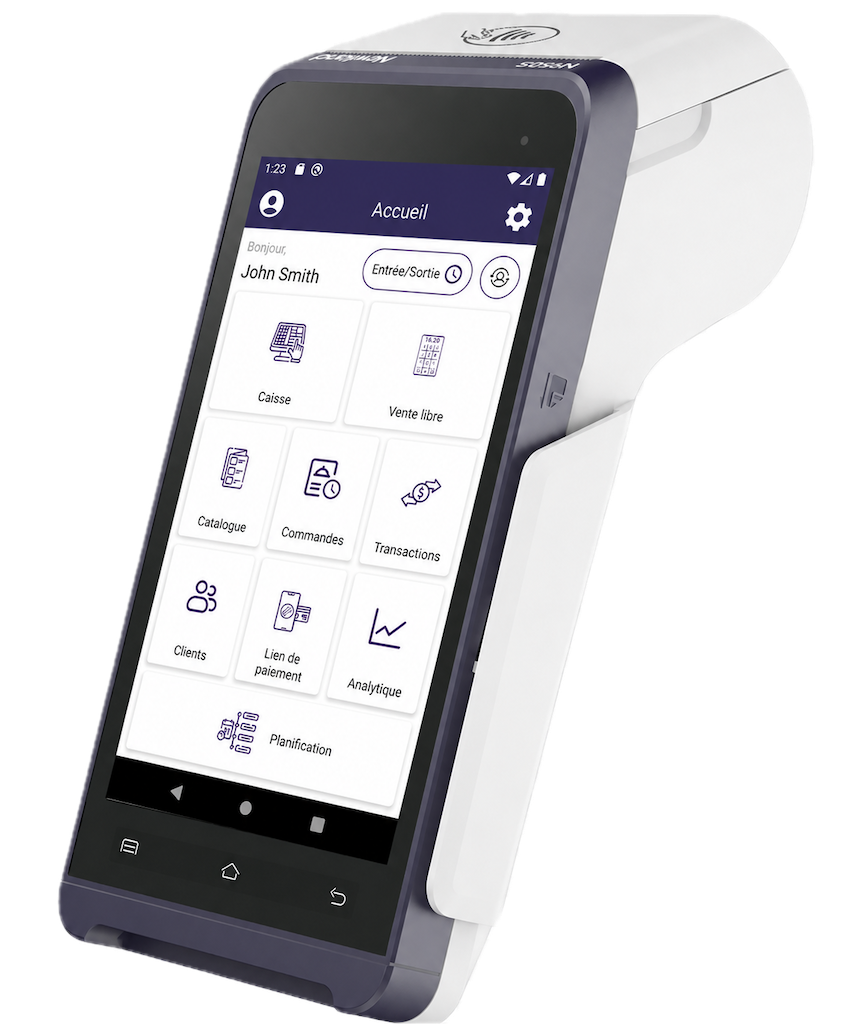 Terminal de point de vente portable avec un écran tactile affichant une interface utilisateur proposant des options telles que Enregistrer, Ouvrir une vente, Catalogue, Commandes, Transactions, Clients, Lien de paiement, Analyses et Planification.