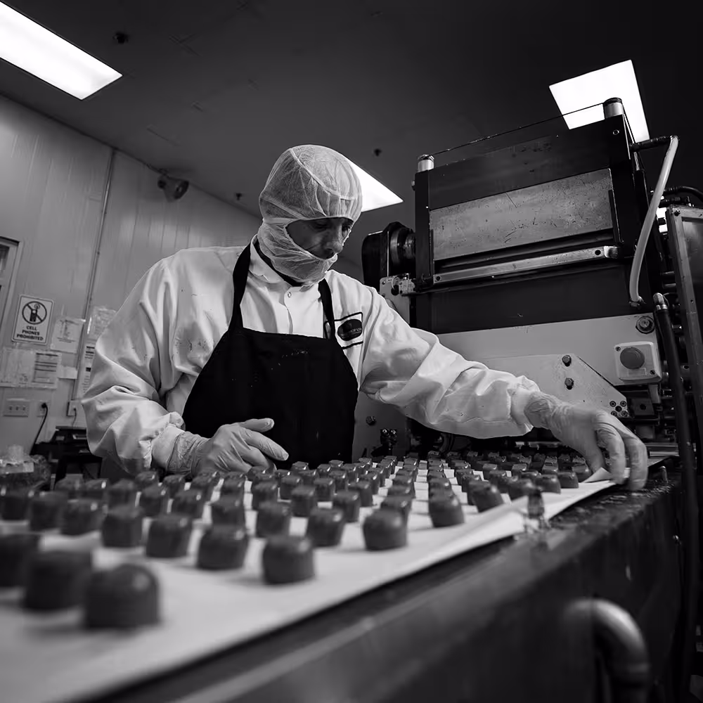 Food factory worker in protective clothing arranging rows of chocolates on a conveyor belt.