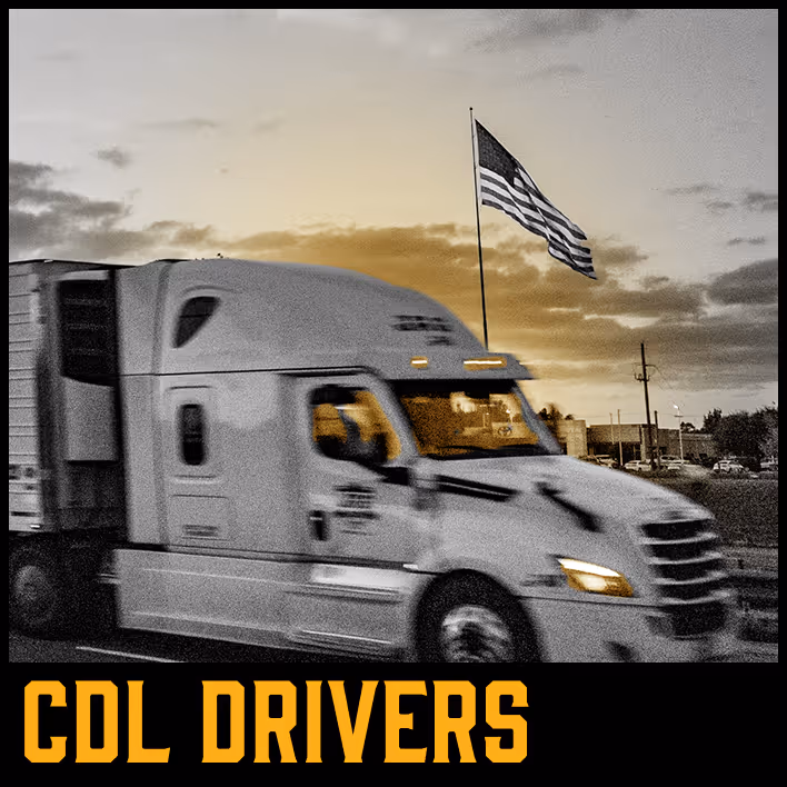 A gray semi-truck driving with an American flag waving in the background at sunset, with the text 'CDL DRIVERS' below.