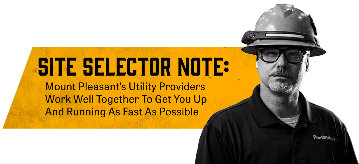Man in a hard hat and glasses next to a yellow banner stating Mount Pleasant’s utility providers work well together to get you up and running quickly.