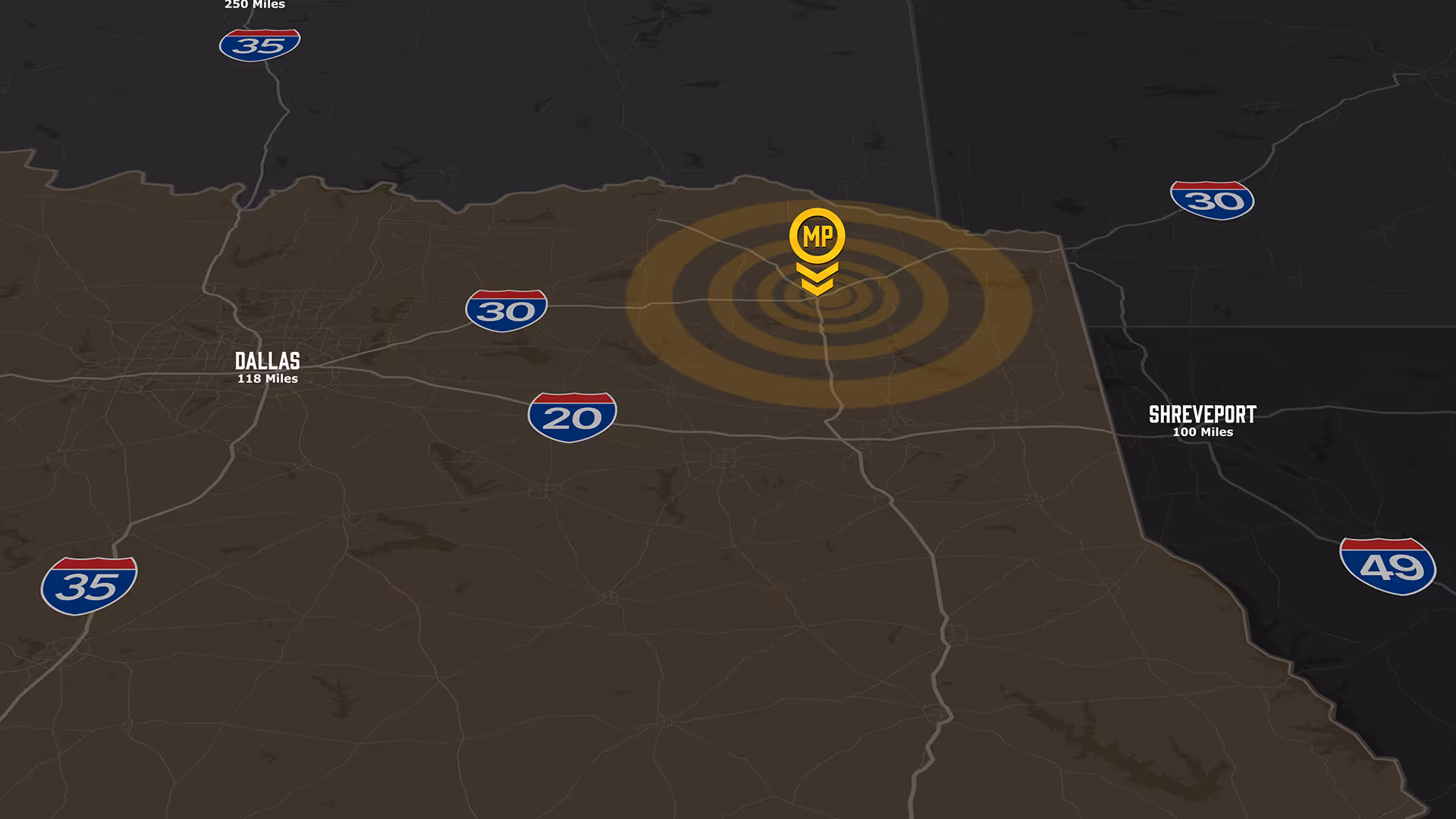 Map showing major highways and distances from a marked MP location, with Dallas 118 miles and Shreveport 100 miles away.