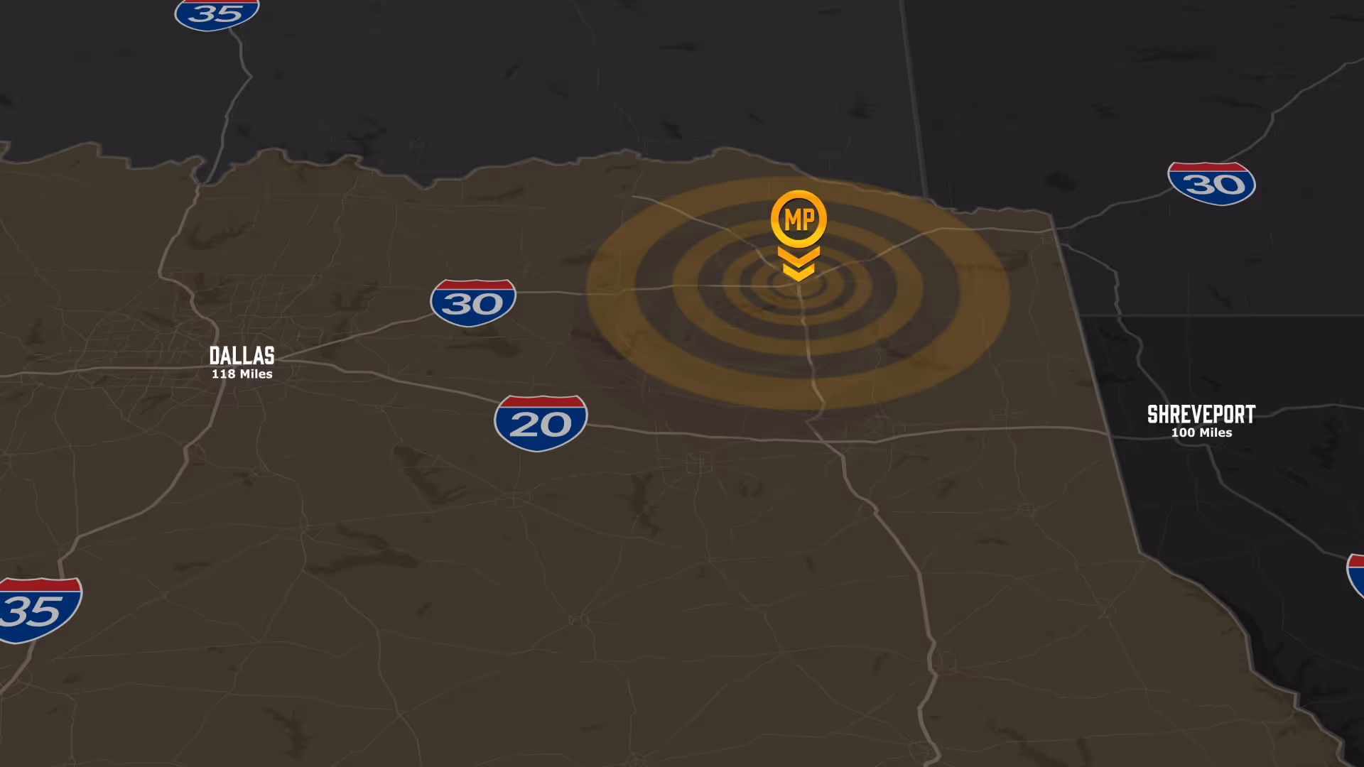 Map showing major highways and distances from a marked MP location, with Dallas 118 miles and Shreveport 100 miles away.