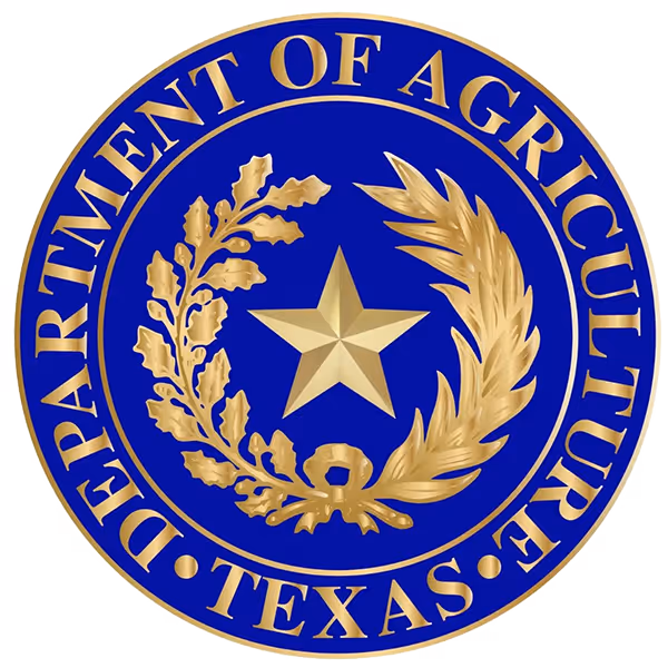 Seal of the Texas Department of Agriculture featuring a gold star with laurel and oak branches on a blue background.