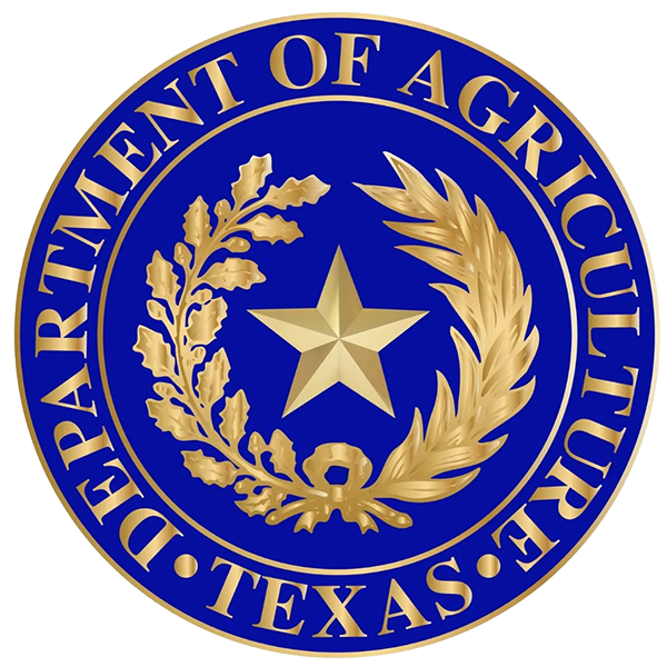 Seal of the Texas Department of Agriculture featuring a gold star with laurel and oak branches on a blue background.