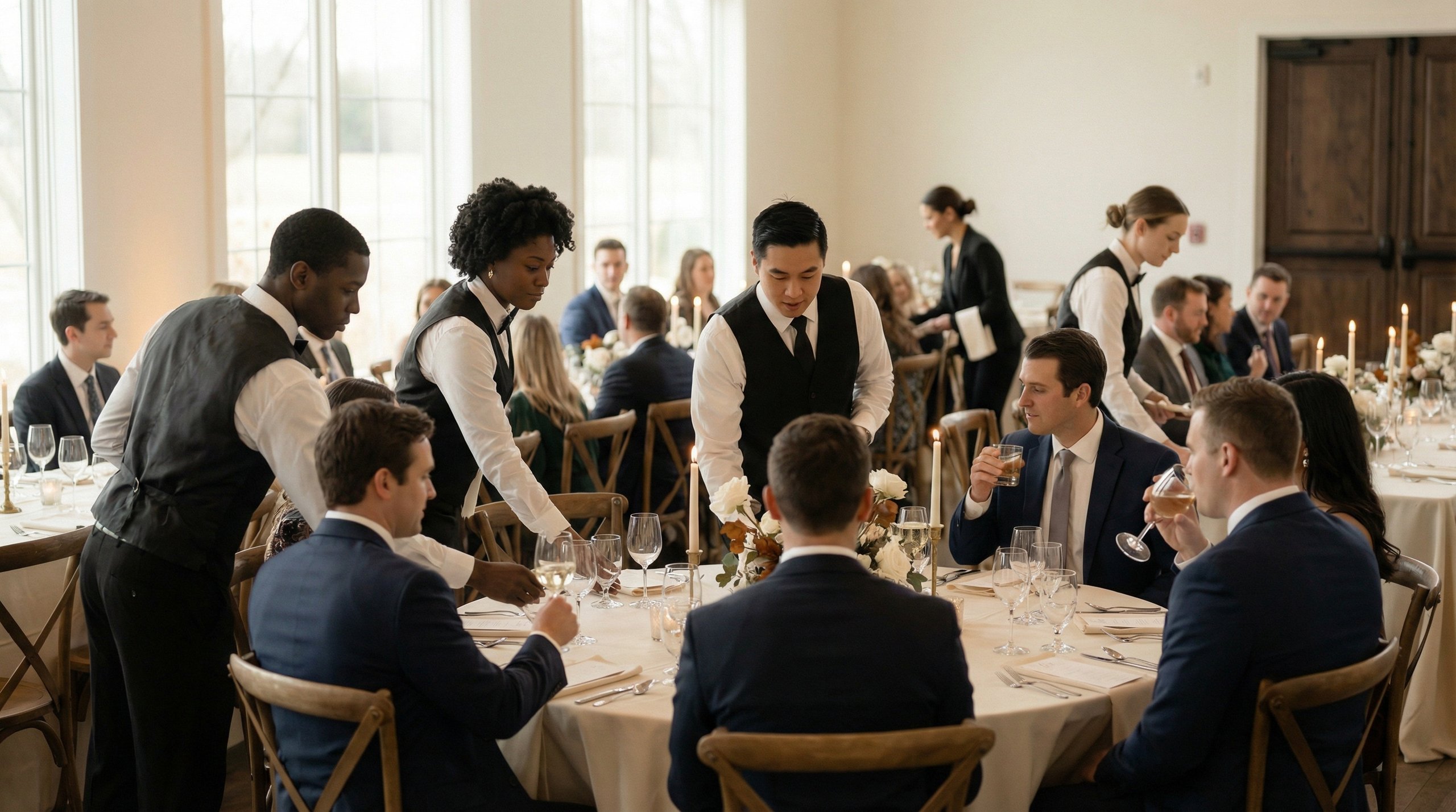 Service Manager with clipboard reviewing plated dishes in a busy commercial kitchen with staff cooking in the background.